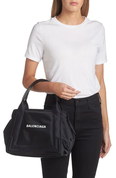 Shop Balenciaga Small Cabas Logo Canvas Tote In Black / L White