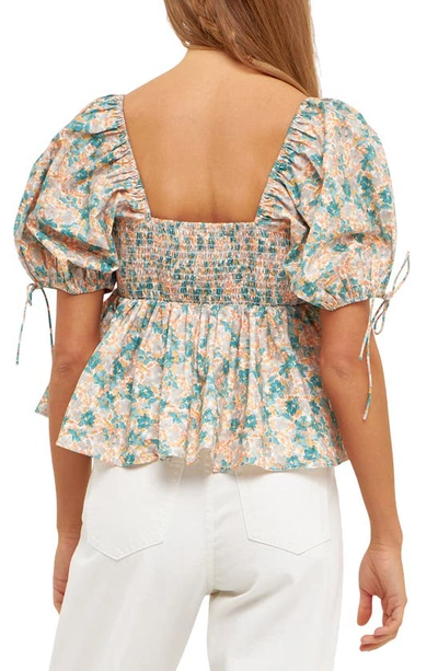 English Factory Floral Puff Sleeve Cotton Top In Green Multi