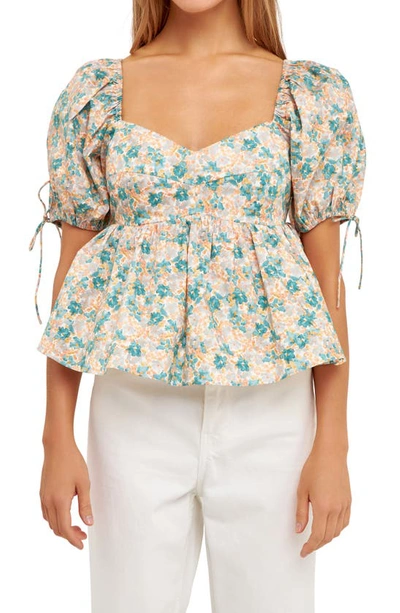 English Factory Floral Puff Sleeve Cotton Top In Green Multi