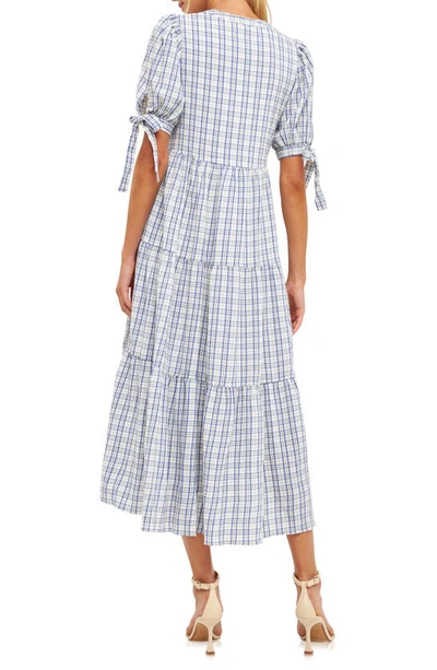 English Factory Gingham Tiered Dress With Bow-tie Sleeves In Cream Multi