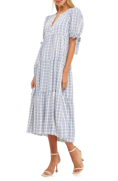 English Factory Gingham Tiered Dress With Bow-tie Sleeves In Cream Multi