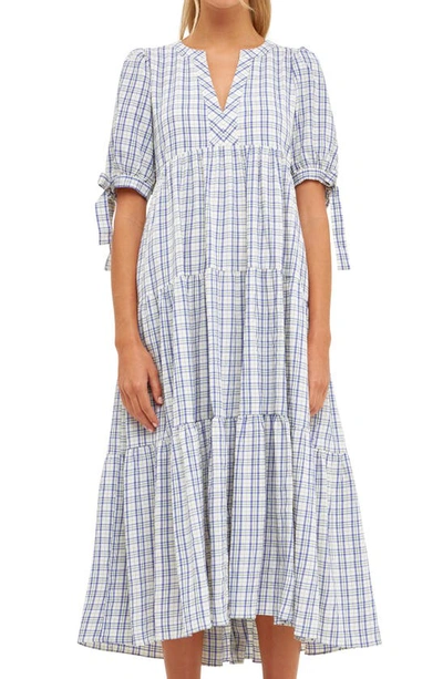 English Factory Gingham Tiered Dress With Bow-tie Sleeves In Cream Multi