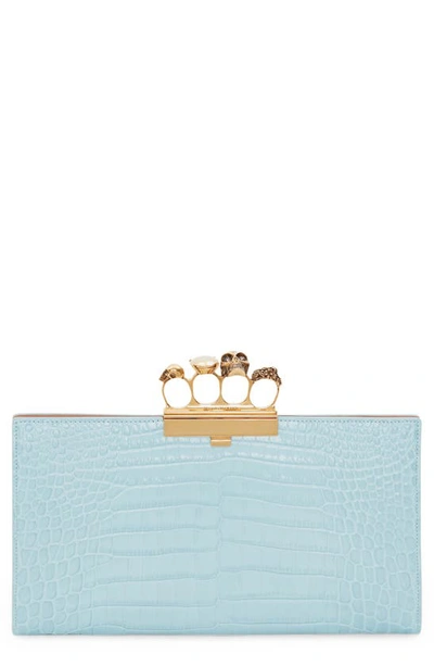 Shop Alexander Mcqueen Four-ring Knuckle Clasp Croc Embossed Leather Clutch In Pale Blue
