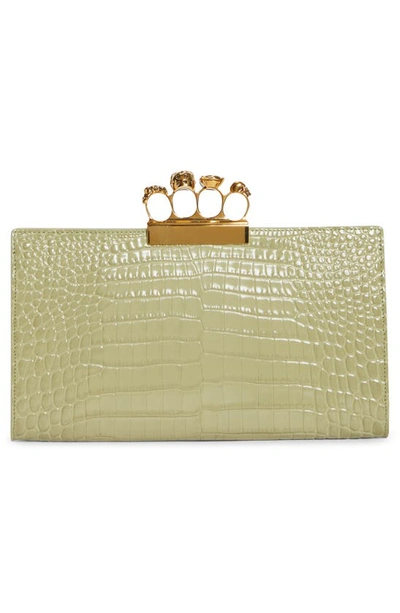 Shop Alexander Mcqueen Four-ring Knuckle Clasp Croc Embossed Leather Clutch In Sage