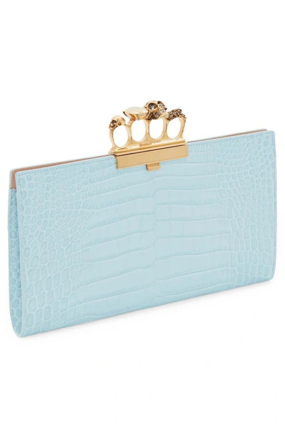 Shop Alexander Mcqueen Four-ring Knuckle Clasp Croc Embossed Leather Clutch In Pale Blue