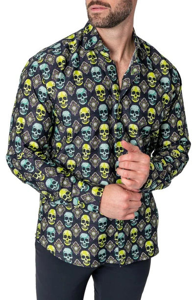 Shop Maceoo Fibonacci Regular Fit Skull Button-up Shirt In Green