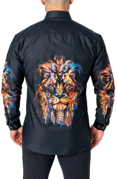 Maceoo Fibonacci Lion Ink Regular Fit Cotton Button-up Shirt In Black