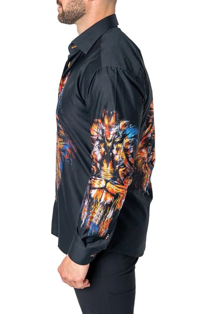 Maceoo Fibonacci Lion Ink Regular Fit Cotton Button-up Shirt In Black