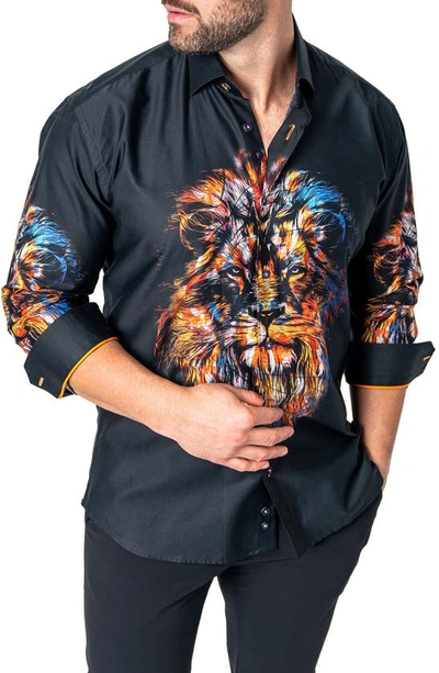 Maceoo Fibonacci Lion Ink Regular Fit Cotton Button-up Shirt In Black