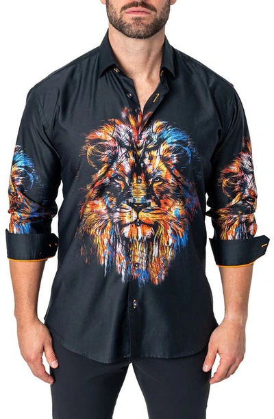 Maceoo Fibonacci Lion Ink Regular Fit Cotton Button-up Shirt In Black