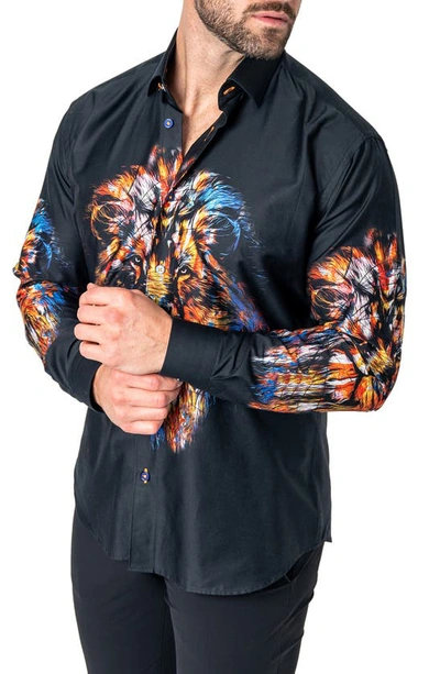 Maceoo Fibonacci Lion Ink Regular Fit Cotton Button-up Shirt In Black