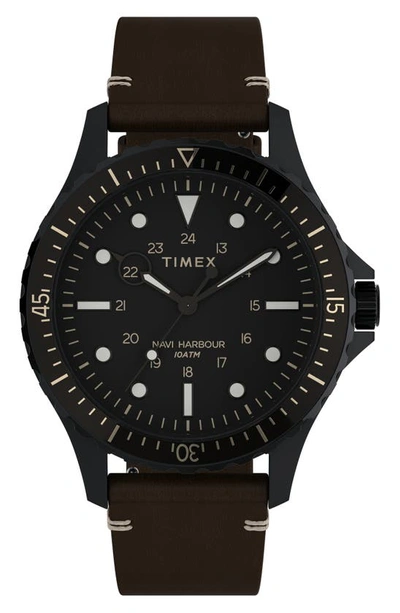 Shop Timex Navi Xl Leather Strap Watch, 41mm In Black/ Black/ Black