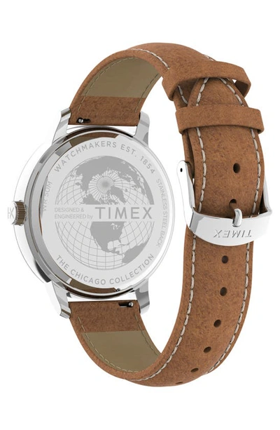 Shop Timex Chicago Leather Strap Watch, 45mm In Silver/ White/ Tan