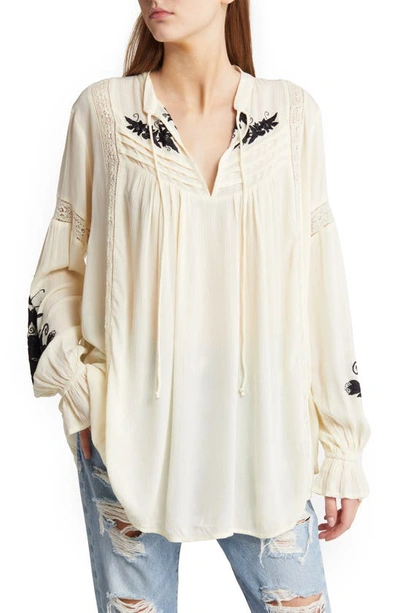 Shop Free People Tusalossa Embroidered Lace Trim Split Neck Top In Ivory Combo