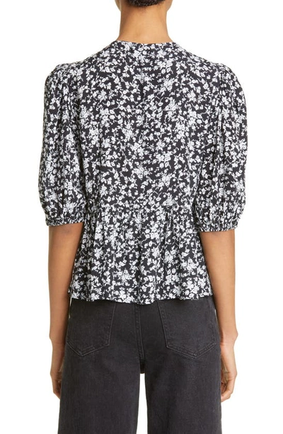 Ganni Printed Crepe Peplum Viscose Blouse In Black