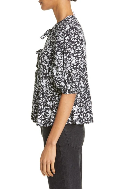 Ganni Printed Crepe Peplum Viscose Blouse In Black