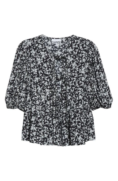 Ganni Printed Crepe Peplum Viscose Blouse In Black