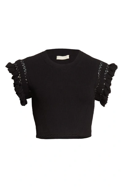 Shop Ulla Johnson Shila Ruffle Rib Crop Sweater In Noir
