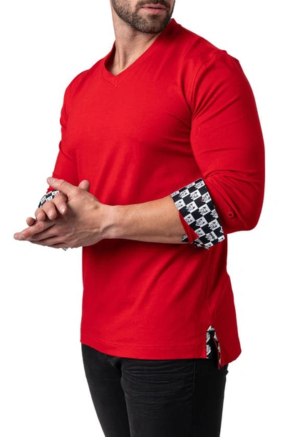 Shop Maceoo Edisonsolidcheck Red Long Sleeve V-neck T-shirt