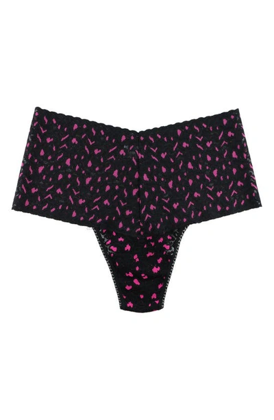 Shop Hanky Panky X-dye Leopard Print Retro Lace Thong In Black/ Tulip Pink