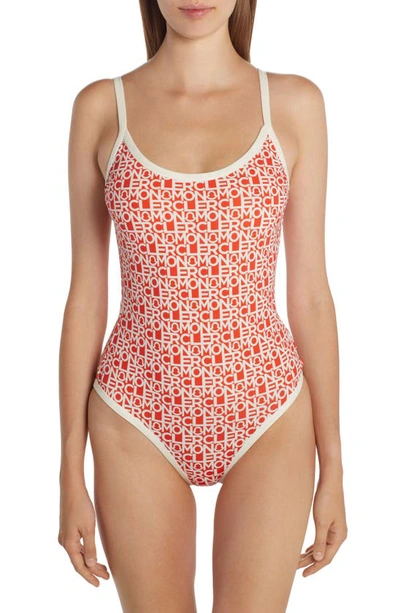 Shop Moncler Logo Print One-piece Swimsuit In Orange Multi