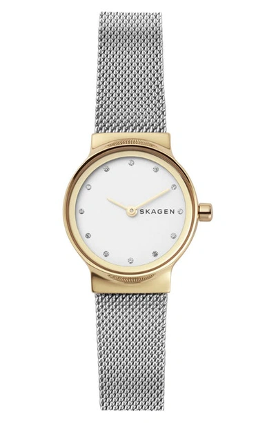 Shop Skagen Freja Crystal Accent Mesh Strap Watch, 26mm In Silver/ White/ Gold