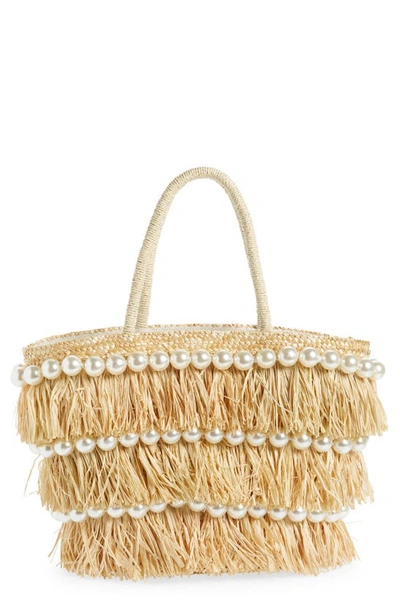 Btb Los Angeles Olivia Raffia Fringe & Imitation Pearl Tote In Pearl