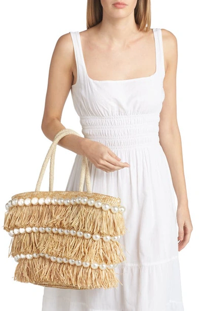 Btb Los Angeles Olivia Raffia Fringe & Imitation Pearl Tote In Pearl