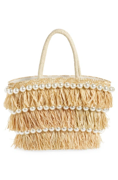 Btb Los Angeles Olivia Raffia Fringe & Imitation Pearl Tote In Pearl