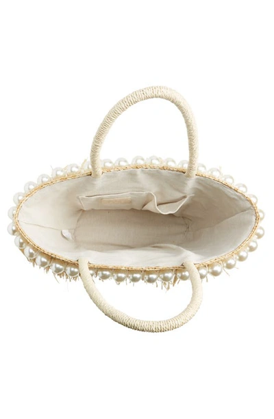 Btb Los Angeles Olivia Raffia Fringe & Imitation Pearl Tote In Pearl