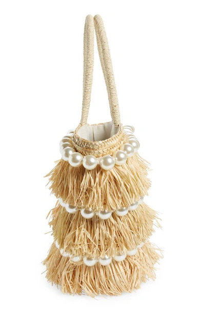 Btb Los Angeles Olivia Raffia Fringe & Imitation Pearl Tote In Pearl