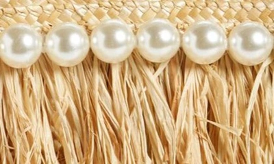 Btb Los Angeles Olivia Raffia Fringe & Imitation Pearl Tote In Pearl