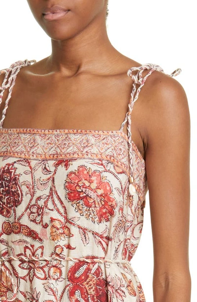 Shop Zimmermann Vitali Paisley Print Tie Waist Fringe Linen Dress In Sepia Floral