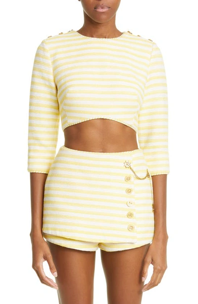 Zimmermann High Tide Cropped Button-embellished Striped Cotton-blend Top In Yellow/ Cream Stripe