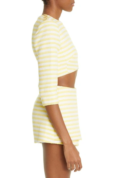 Zimmermann High Tide Cropped Button-embellished Striped Cotton-blend Top In Yellow/ Cream Stripe