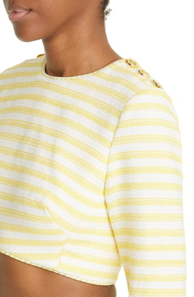 Zimmermann High Tide Cropped Button-embellished Striped Cotton-blend Top In Yellow/ Cream Stripe