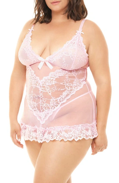 Shop Oh La La Cheri Valentine Soft Cup Babydoll Chemise & G-string Thong In Pink Tulle