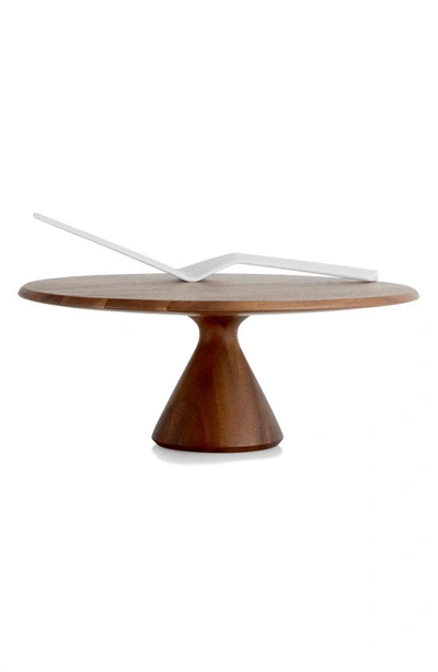 Shop Nambe Quatro Acacia Wood Cake Pedestal & Server Set In Brown