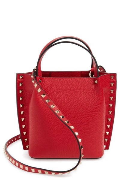 Shop Valentino Small Rockstud Leather Tote In Rouge Pur
