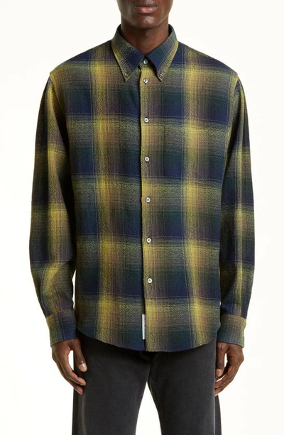 Shop 4sdesigns Classic Fit Plaid Virgin Wool Button-down Shirt In 4870 Navy/ Yellow