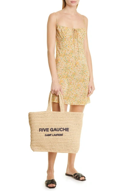 Shop Saint Laurent Rive Gauche Logo Crochet Tote In Naturale/ Deep Marine