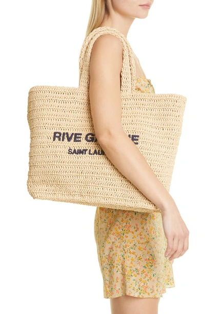 Shop Saint Laurent Rive Gauche Logo Crochet Tote In Naturale/ Deep Marine