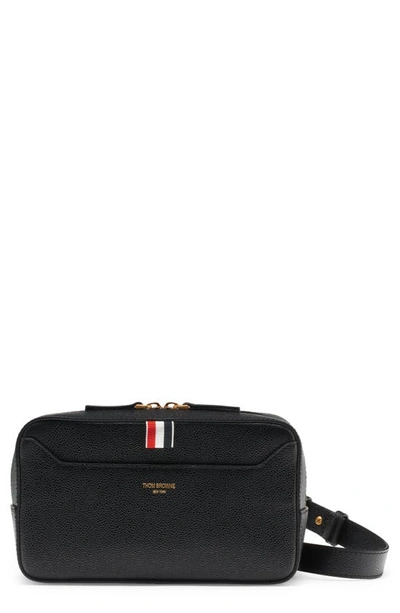 Thom Browne Tricolour-tab Grained-leather Belt Bag In Black
