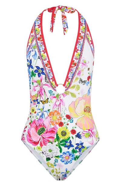Shop Camilla Floral Print O-ring Plunge Neck One-piece Swimsuit In Fairy Gang