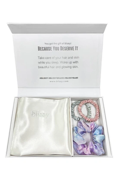 Blissy Pure Sleep Silk Pillowcase & Scrunchie Set In White/ Multi