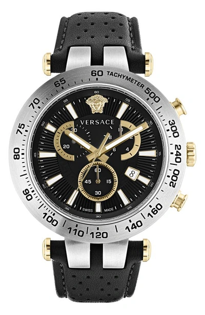 Shop Versace Bold Chronograph Leather Strap Watch, 46mm In Stainless Steel
