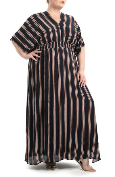 Shop Nina Leonard Stripe Dolman Sleeve Maxi Dress In Navy/ Cognac