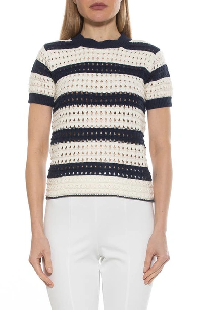 Shop Alexia Admor Chloe Stripe Short Sleeve Open Knit Top In Navy/ Ivory