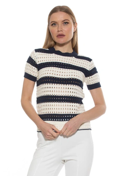 Shop Alexia Admor Chloe Stripe Short Sleeve Open Knit Top In Navy/ Ivory