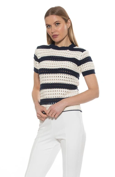 Shop Alexia Admor Chloe Stripe Short Sleeve Open Knit Top In Navy/ Ivory